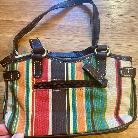 CARIBBEAN JOE (NWT) brown leather & multicolor striped canvas shoulder bag CUTE! - Picture 8 of 10
